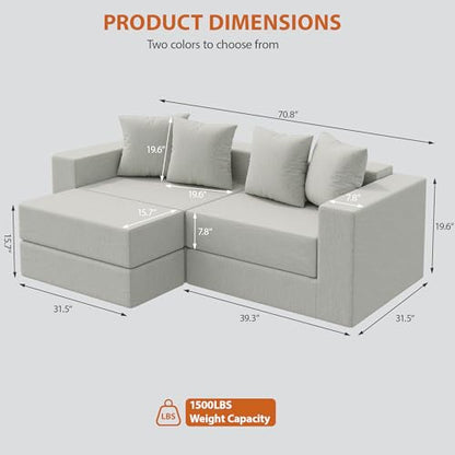 Modular Boneless Loveseat, L-Shape Cloud-Like Sectional Couch with High-Density Memory Foam, Convertible Comfy Couch for Living Room Apartment Small Space - No Assembly Required, White - color: White