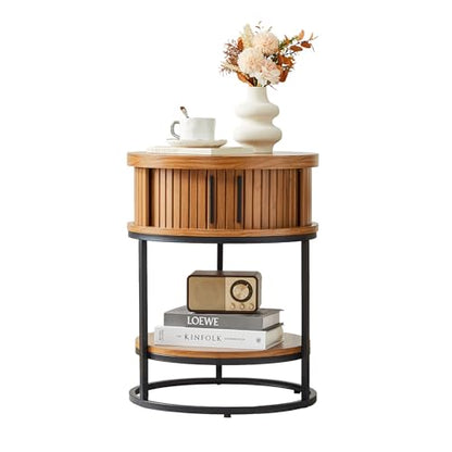 Turtle&Myrtle Small Round Side Table with Storage, 2-Tier Wooden End Table with Sliding Door and Shelf, Mid-Century Circle Nightstand for Living Room, Bedroom, Walnut - style: Mid-Century Modern