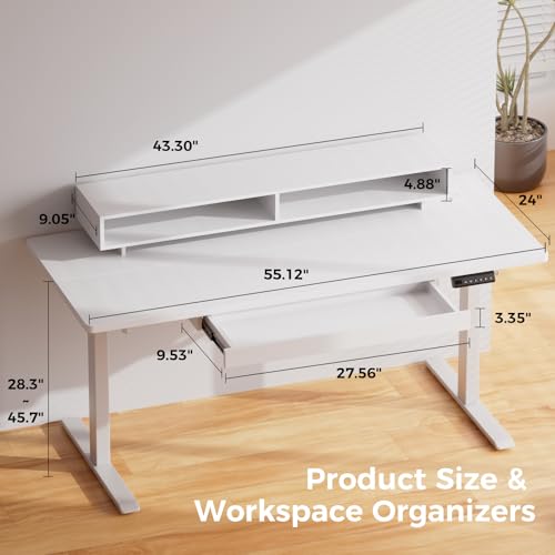 GTPLAYER Electric Standing Desk with Drawers, 55 x 24 Inch Height Adjustable Gaming Desk with Monitor Stand, Power Outlets & LED Lights, Home Office Sit Stand Up Desk with Memory Preset (White) - color: White, size: 55*24"