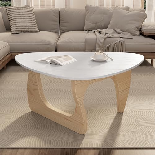 Modern Wood Coffee Table, Triangle Center Table with Premium Wooden Top& Unique Base, 35.5” Small Mid Century Tea Tables for Living Room, Apartment, Office,White&Light Natural Wood - color: White&light Natural Wood, size: Medium 35.5*25.5*15.7in
