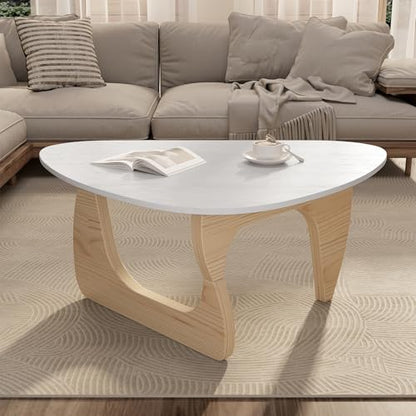 Modern Wood Coffee Table, Triangle Center Table with Premium Wooden Top& Unique Base, 35.5” Small Mid Century Tea Tables for Living Room, Apartment, Office,White&Light Natural Wood - color: White&light Natural Wood, size: Medium 35.5*25.5*15.7in