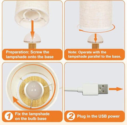 Touch Bedside Table Lamps Set of 2 - Stepless Dimming USB Powered, Minimalist Wood Base Linen Shade, 2700K Warm Night Light for Bedroom Nightstand Nursery Dorm Kitchen Small Spaces(5W LED 50K Hrs)