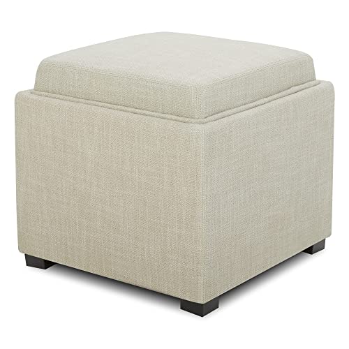 CHITA Storage Ottoman Cube with Tray Lid, Small Footstool with Storage, Square End Table for Living Room and Bedroom, Fabric in Linen - color: Linen