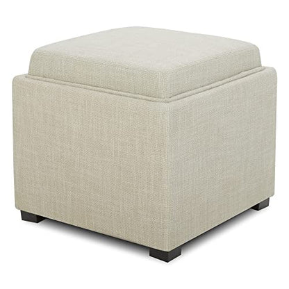 CHITA Storage Ottoman Cube with Tray Lid, Small Footstool with Storage, Square End Table for Living Room and Bedroom, Fabric in Linen - color: Linen