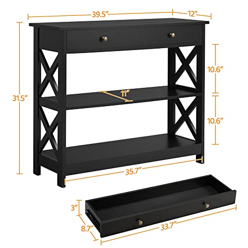 Yaheetech Narrow Entryway Console Table with Drawer, Storage Shelf, Black | X-Frame Painted MDF Build, Drawer and 2 Open Shelves for a Living Room, Sofa Side or Small TV Stand, Tabletop Holds 55 lb - color: Black