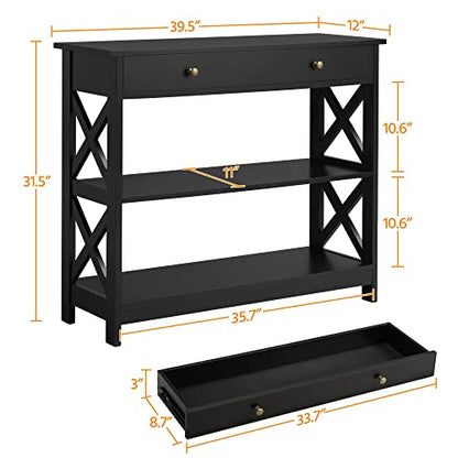 Yaheetech Narrow Entryway Console Table with Drawer, Storage Shelf, Black | X-Frame Painted MDF Build, Drawer and 2 Open Shelves for a Living Room, Sofa Side or Small TV Stand, Tabletop Holds 55 lb - color: Black