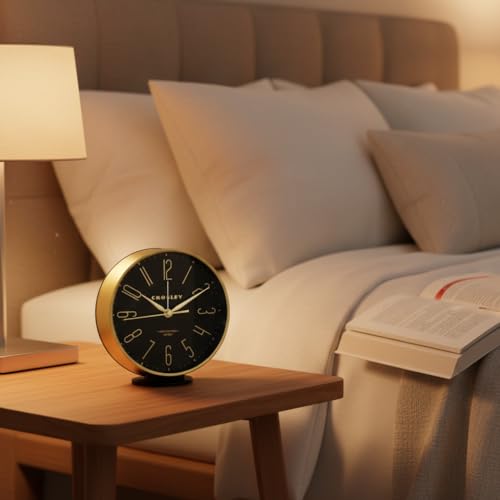 Crosley Modern Art Deco Alarm Clock for Office, Bedroom, or Desk – Analog Non-Ticking Clock with Easy-to-Read Dial, Gold Metal Frame & Black Face (6-Inch) - color: Gold Black