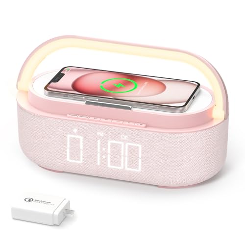 Bluetooth Speaker Alarm Clock & Wireless Charger for Bedside, Home, Office | FM Radio, Adjustable LED Night Light, 6 in 1 Bedroom Portable Speaker 2500mAh, Phone Stand - color: Pink