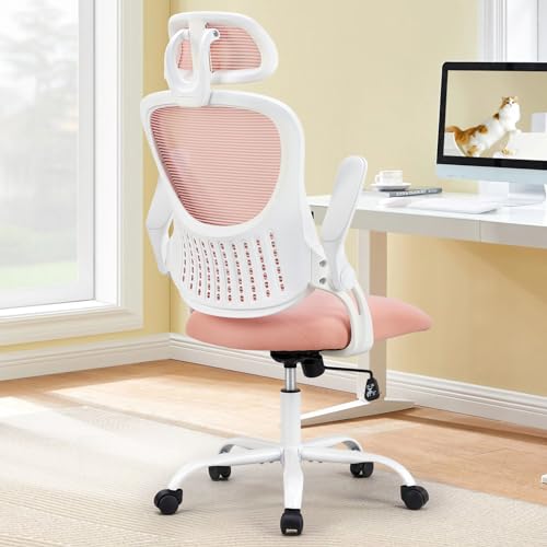 Sweetcrispy Computer Desk Chair, Mesh Office Chair with Lumbar Support | Ergonomic High-Back, Rolling Work, Adjustable Headrests, Flip-up Arms, Home Bedroom Study, Pink - color: Pink, style: Flip-up Armrest