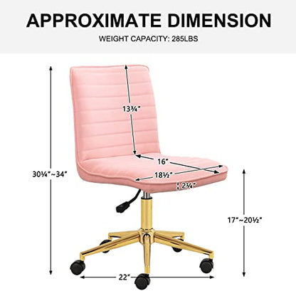 Furnimart Pink Swivel Armless Desk Chair with Wheels, Small Velvet Upholstered Home Office Desk Chair Mid-Back Adjustable Chair for Teen Girl Vanity Desk Bedroom Dorm Living Room (Velvet-Pink) - color: Velvet-pink