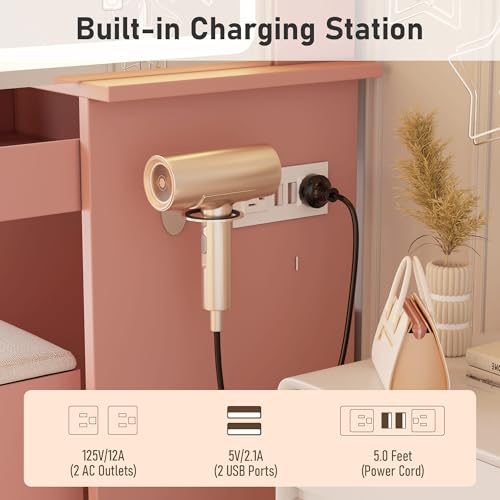 Vanity Desk with Mirror and LED Lights, Makeup Vanity Set with Power Outlet, and Stool,Jewelry Storage,Pink Vanity Desk for Bedroom - style: Pink