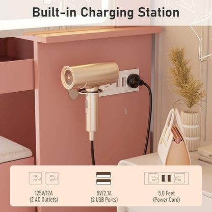 Vanity Desk with Mirror and LED Lights, Makeup Vanity Set with Power Outlet, and Stool,Jewelry Storage,Pink Vanity Desk for Bedroom - style: Pink