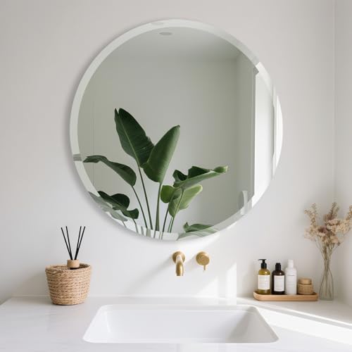 Frameless Round Mirror 24 Inch, Round Mirror with 1 inch Beveled Edge, Beveled Bathroom Mirrors for Vanity, Living Room, Entryways - size: 24"L x 24"W