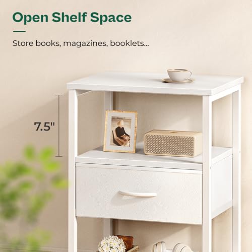 Huuger Night Stand with Fabric Drawer, Side Table with Mesh Shelf, Bedroom Nightstand, Fabric Drawer Dresser, Open Shelf, Metal Frame, Couch Side, White | Bedroom Nightstand, Fabric Drawer Dresser, Open Shelf, Metal Frame, Couch Side, White - color: White
