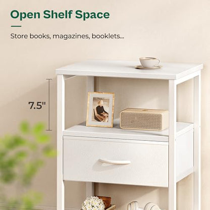 Huuger Night Stand with Fabric Drawer, Side Table with Mesh Shelf, Bedroom Nightstand, Fabric Drawer Dresser, Open Shelf, Metal Frame, Couch Side, White | Bedroom Nightstand, Fabric Drawer Dresser, Open Shelf, Metal Frame, Couch Side, White - color: White