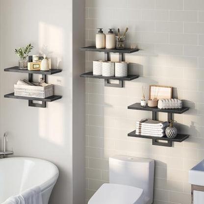 HOOBRO Floating Shelves, 15 Inch Wall Shelf Set of 3, Wall Mounted Storage Shelves 2-Tier, Hanging Bathroom Shelves, for Living Room, Bedroom, Bathroom, Kitchen, Black BK32BJP301 - color: Black