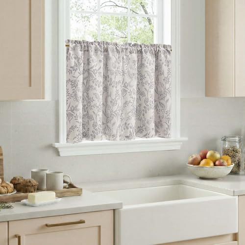jinchan Floral Kitchen Curtains for Windows 24 Inch Grey Linen Lined Tier Farmhouse Cafe Curtains Country Botanic Small Window Rod Pocket Rustic Flax for Laundry Bathroom RV 2 Panels Gray on Beige - color: Lined Gray on Beige, size: 25"W x 24"L (Pack of 2