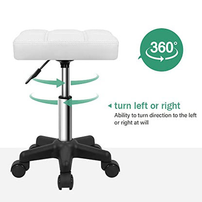 FURWOO Square Swivel Stool with Wheels PU Leather Rolling Stool Height Adjustable for Spa Salon Massage White - color: White