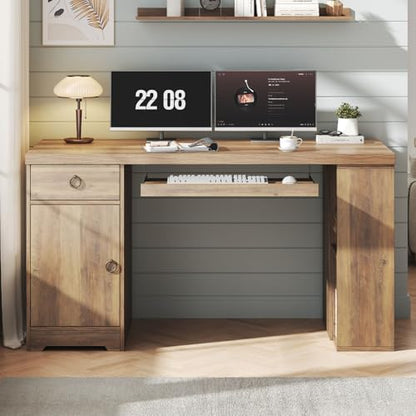 HSH Office Desk with Drawers, Farmhouse Computer Desk with Keyboard Tray | 55 Inch Rustic Wood Work Study Writing Pc Executive Table Studio Desks Home Workstation with Storage Shelves and Cabinet - color: Rustic Oak