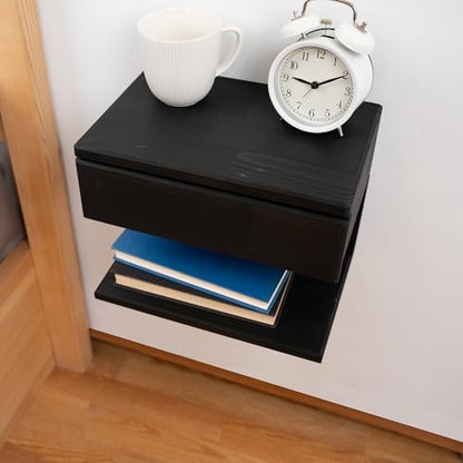 Floating Nightstand Side Accent or End Table with Storage Drawer, Wood Bedside Shelf, Handmade Floating Table, Nightstand Shelf (Black) - color: Black