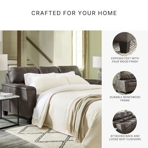 Signature Design by Ashley Navi Faux Leather Queen Sleeper Sofa Bed, Gray | Warm-feel weathered polyester blend, Space-saving pull-out design for multi-use rooms, Supportive attached cushion back - color: Grey, style: Sleeper