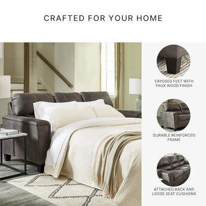 Signature Design by Ashley Navi Faux Leather Queen Sleeper Sofa Bed, Gray | Warm-feel weathered polyester blend, Space-saving pull-out design for multi-use rooms, Supportive attached cushion back - color: Grey, style: Sleeper