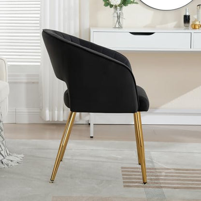 Velvet Home Office Desk Vanity Chair, No Wheels, Gold Legs, Black | Modern Accent Chair with Stylish Stripe Design, Spacious‌ Soft Seat for Girls & Women Bedroom Makeup or Nail Table - color: Black Velvet, No Wheels