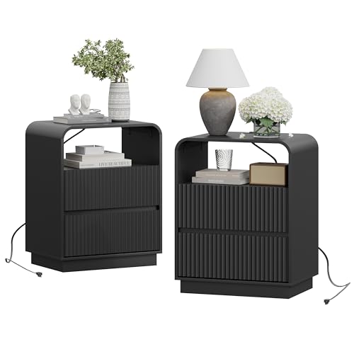 Black Nightstands Set of 2 with Charging Station, Mid Century Modern End Tables & Bedside Tables, Fluted Wood Small Night Stands with 2 Hidden Drawers and Storage Shelf for Bedroom - color: Black, style: 2 Drawers-2 PCS