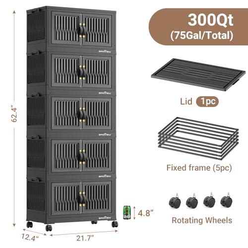 BROVIEW 300Qt Stackable Storage Bins with Lid for Home Dorm, 5Pack Black | Closet Organizers, Foldable & Collapsible Cabinets, Large Containers, Wheels & Magnetic Doors, Plastic Drawers for School - color: Black, size: 60QT-5Pack