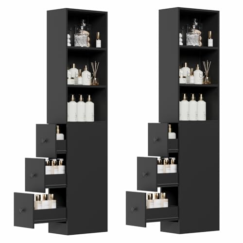ARTETHYS Tall Narrow Free Standing Bathroom Storage Cabinet Set of 2, Black | 3-Level Adjustable Shelves, Home - Space Saver for Living Room Kitchen, 3 Drawers - color: Black Set of 2