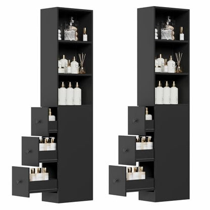 ARTETHYS Tall Narrow Free Standing Bathroom Storage Cabinet Set of 2, Black | 3-Level Adjustable Shelves, Home - Space Saver for Living Room Kitchen, 3 Drawers - color: Black Set of 2