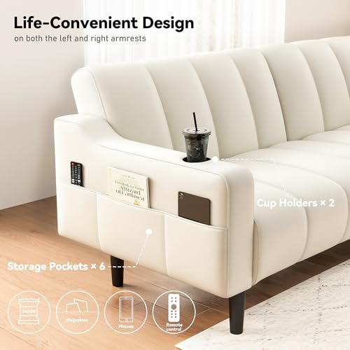 80'' Futon Sofa Bed,Faux Leather Futon Sleeper Sofa, Convertible Loveseat with Adjustable Sofa Backrest,Modern Couches for Living Room, Bedroom, Apartment, Office (Beige) - color: Faux Leather Beige
