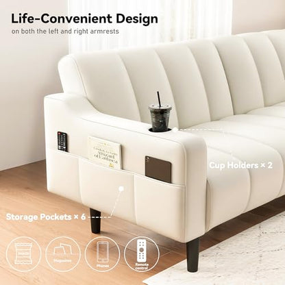 80'' Futon Sofa Bed,Faux Leather Futon Sleeper Sofa, Convertible Loveseat with Adjustable Sofa Backrest,Modern Couches for Living Room, Bedroom, Apartment, Office (Beige) - color: Faux Leather Beige