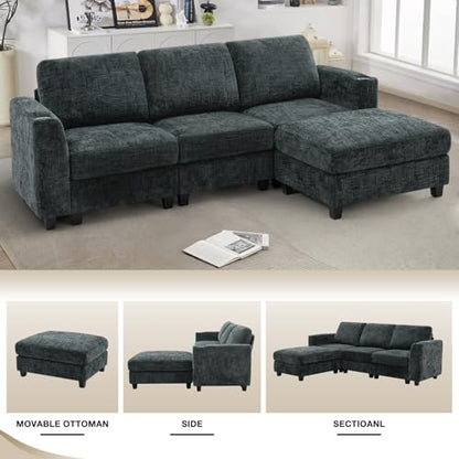 87" Chenille 3 Seater Couch with Soft Ottoman, Grey | L-Shape Sectional Sofa with Durable Cup Holders, Upholstered Sofa with Comfy Backrests for Living Room, House - color: Grey, size: 87" L-Shape