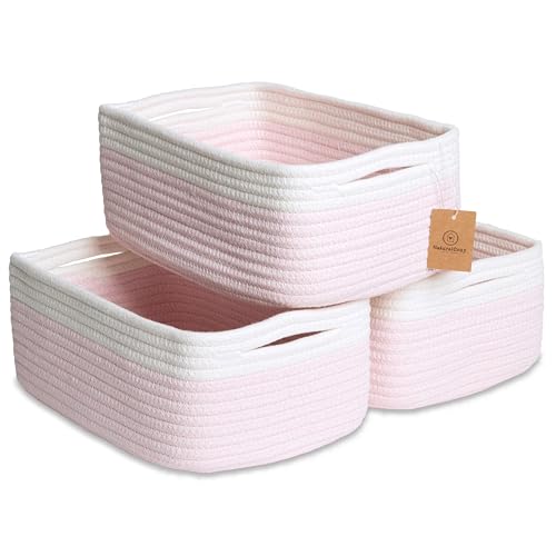 NaturalCozy 11.8"x8"x4.5” Rectangle Storage Baskets for Shelves 3 Pack | Cotton Rope Woven Small Baskets for Organizing | Small Storage Bins for Nursery, Bathroom, Closet, Shelf, Decorative, Gift - color: Off White & Mixed Pink, size: 11.8" x 8" x 4.5"