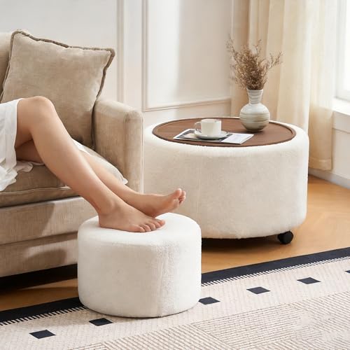 28 Inch Round Storage Ottoman with Wheels Set of 2, Multifunctional Coffee Table Ottoman with Removable Solid Wood Lid, Modern Circle Ottoman Foot Rest for Living Room, Bedroom, Beige - color: Beige