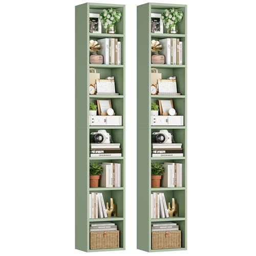 FOTOSOK 2 Pcs 71'' Tall Narrow Bookshelf, 8-Tier Media Tower Rack Set of 2 | CD DVD Storage Cabinet with Adjustable Shelves, Tall Narrow Bookcase Skinny Display Bookshelf Slim Shelf, Green - color: Green