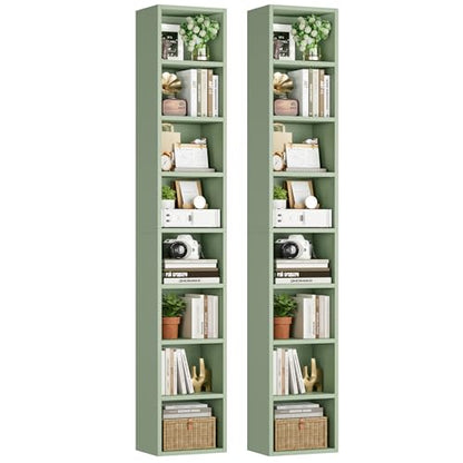 FOTOSOK 2 Pcs 71'' Tall Narrow Bookshelf, 8-Tier Media Tower Rack Set of 2 | CD DVD Storage Cabinet with Adjustable Shelves, Tall Narrow Bookcase Skinny Display Bookshelf Slim Shelf, Green - color: Green