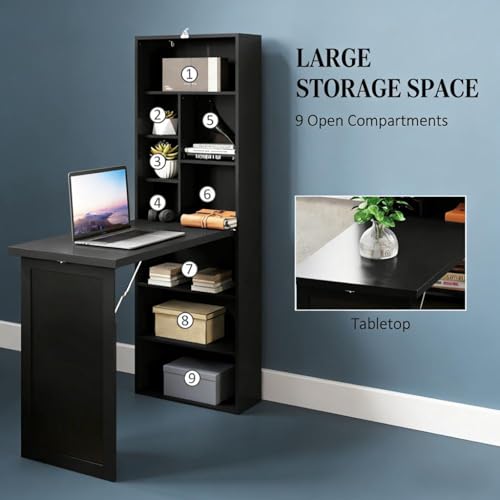 Foldable Wall Mounted Desk with Storage Shelves & Blackboard, Fold-Out Convertible Writing Table for Small Spaces | Space-Saving Floating Computer Desk for Home Office (Black) - color: Black