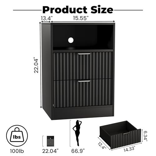 Fluted Nightstand Set of 2, LED Nightstand with Charging Station, Wood Nightstands with 2 Drawers & Metal Handles, Modern Bedside Table & End Tables, Farmhouse Night Stands for Bedroom, Black - color: Black, style: LED 2 Drawers-2 PCS