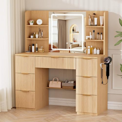 LIVELYGLOW 43" Large Natural Wood Makeup Vanity Desk with Charging Station | Fluted Design, Smart LED Mirror, Hairdryer Holder, 7 Drawers - color: Wooden/Fluted