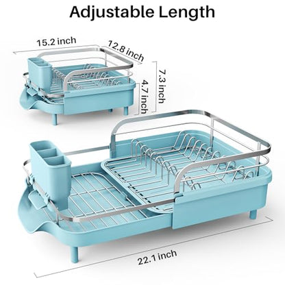 SNTD Expandable Dish Drying Rack for Kitchen Counter, 15.2-22.1 in, Blue | Rust-Resistant Stainless Steel, Protective Side Rails, Self-Draining Drainboard, Removable Utensil Holder - color: Blue