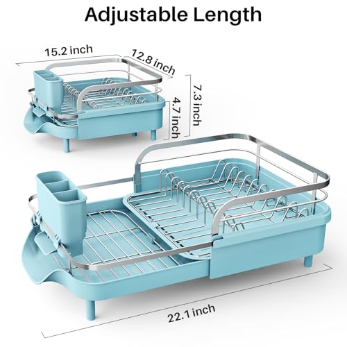 SNTD Expandable Dish Drying Rack for Kitchen Counter, 15.2-22.1 in, Blue | Rust-Resistant Stainless Steel, Protective Side Rails, Self-Draining Drainboard, Removable Utensil Holder - color: Blue
