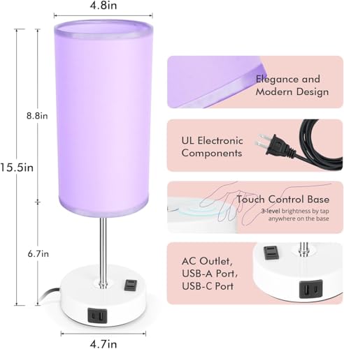 Bedside Table Lamp with USB Port - Touch Desk Lamp for Bedroom, 3 Way Dimmable Small Nightstand Lamp for Living Room, Bedroom Lamps for Room Decor, Purple - color: Purple