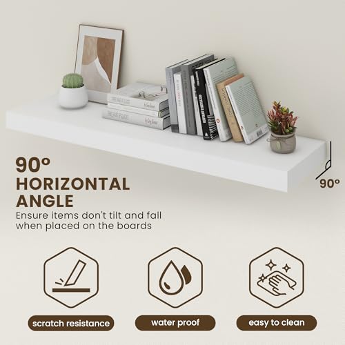 48 Inch Floating Shelves, 12'' Deep White Shelves for Wall Set of 2 | Invisible Brackets, Engineered Wood, Mounting Hardware Included, 50LBS, Bathroom, Laundry Room, Kitchen, Living Room - color: White, size: 48W x 11.6D x 2H, 2 Pack