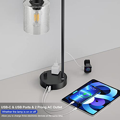 Industrial Desk Lamp, Fully Dimmable Small Bedside Table Lamp, Black, USB C | Glass Shade, USB C+A Charging Port & Outlet, Lamps for Bedroom, Night Stand, Home Office, Living Room - color: Clear Seeded