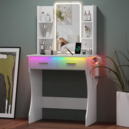 HUANLEGO Small Pink Vanity Desk with Mirror and Lights for Women Girls | Vanity Mirror with Lights, 3 Lighting Adjustable, LED Light Strips, Built-in Power Outlet, Compact Dressing Table For Girls - color: White, size: 27.56x15.55x51.30 in