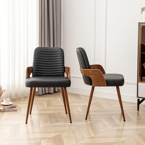 Dining Room Chairs,Mid Century Modern Kitchen Chairs,Upholstered Faux Leather Accent Chairs,Metal Legs Wooden Desk Chairs,Armless and No Wheels for Kitchen Dining Living Room,Black,1PCS - color: Black Pu, size: 1PCS