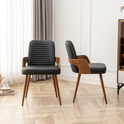 Dining Room Chairs Set of 2,Mid Century Modern Kitchen Chairs,Upholstered Faux Leather Accent Chairs,Metal Legs Wooden Desk Chairs,Armless and No Wheels for Kitchen Dining Living Room,Black - color: Black Pu, size: Set of 2