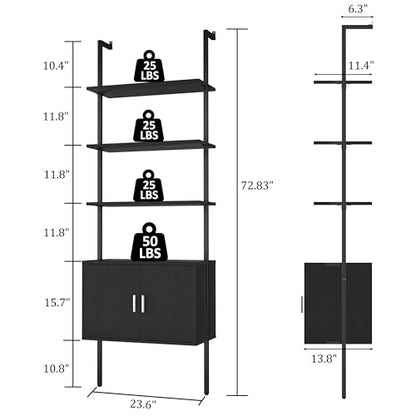 Yusong 73" Tall Bookshelf with Cabinet, Industrial Ladder Wall Mount Shelf Bookcase with Wood and Metal Frame, Plant Shelf Wall Storage Display for Living Room Bedroom, Black Wood Grain - color: Black